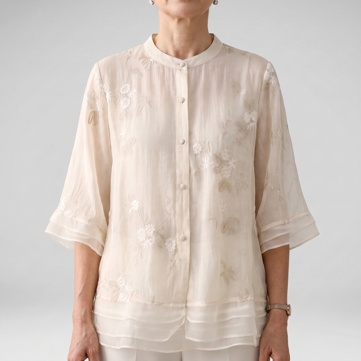 Women’s Floral-Embroidered Button-Up Blouse