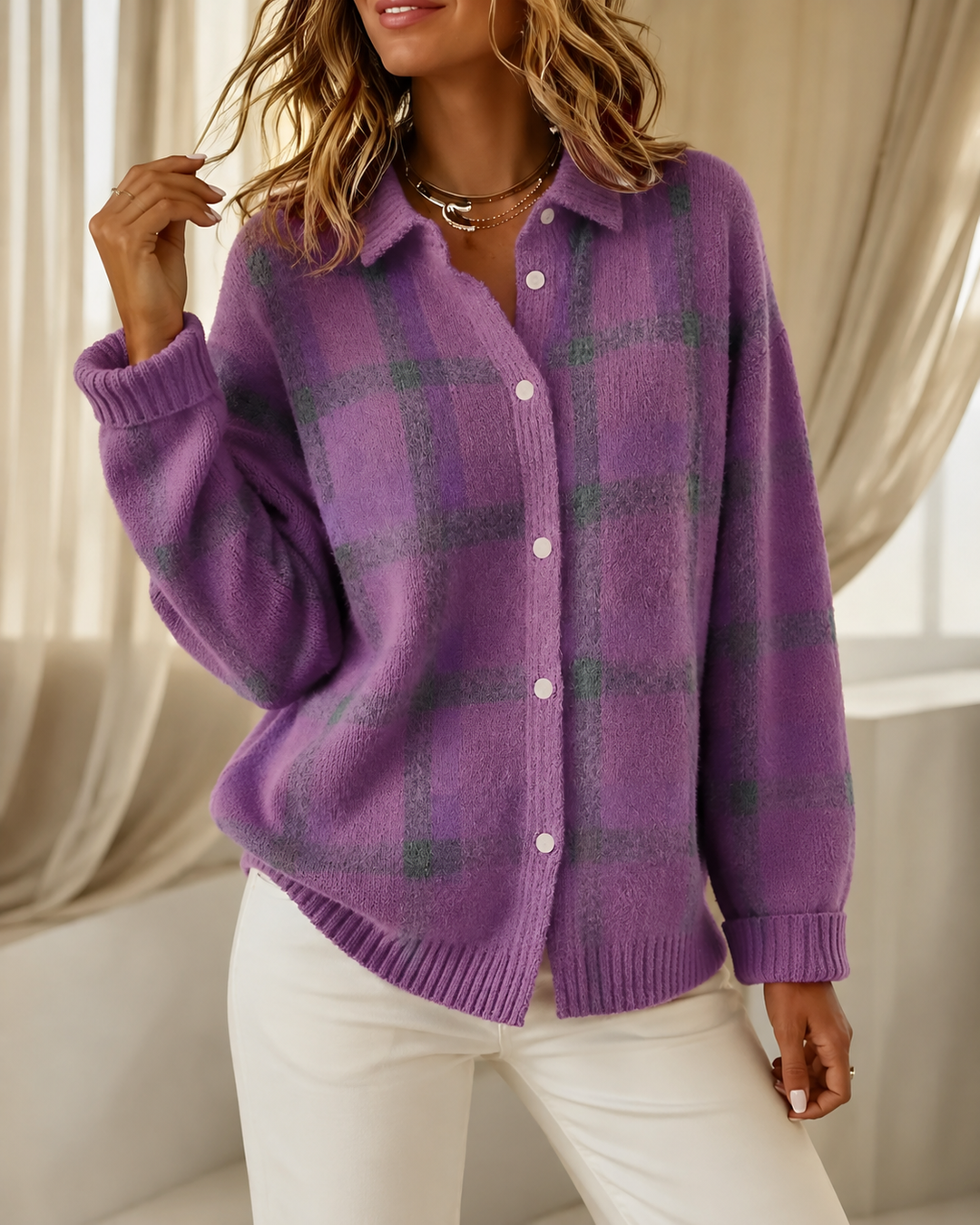 Women’s Checked Button-Up Knitted Cardigan