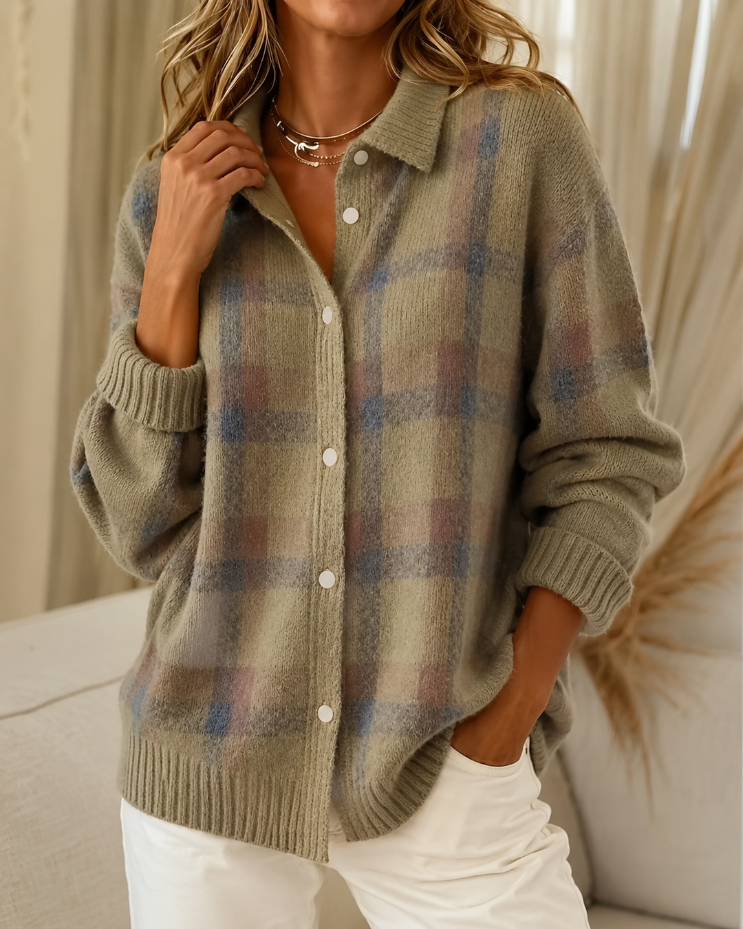 Women’s Checked Button-Up Knitted Cardigan