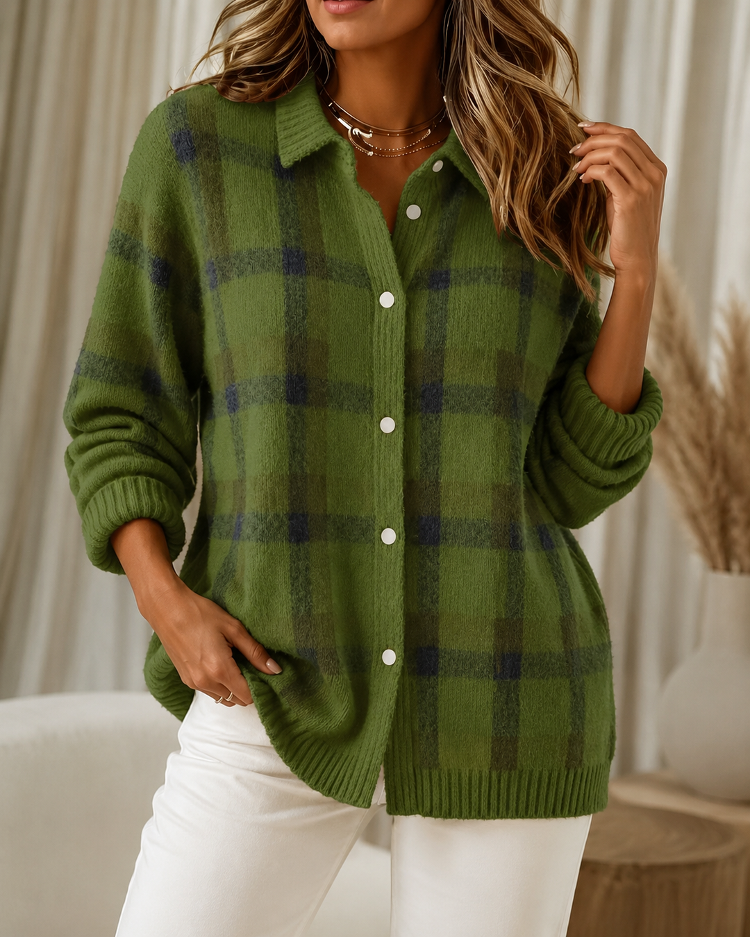 Women’s Checked Button-Up Knitted Cardigan