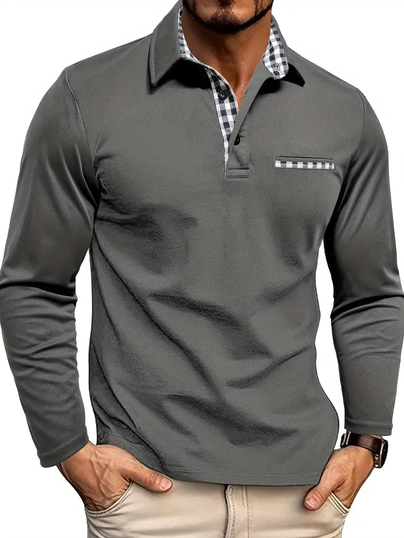 Men’s Check-Trim Long-Sleeve Polo Shirt