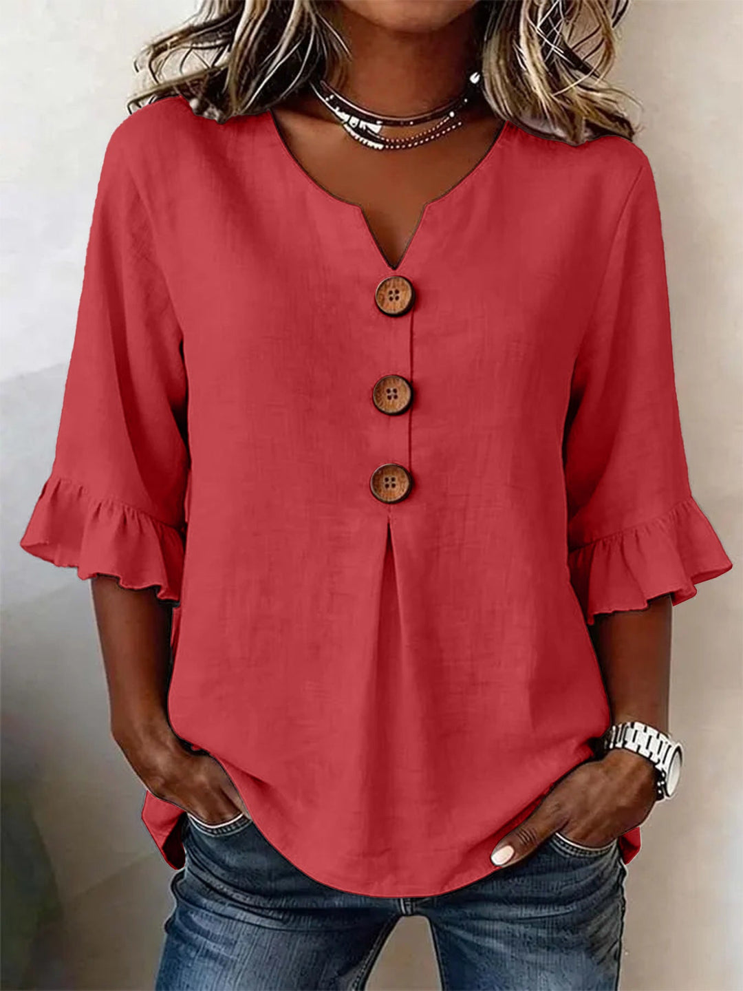Women’s Button-Front Ruffle-Sleeve Blouse