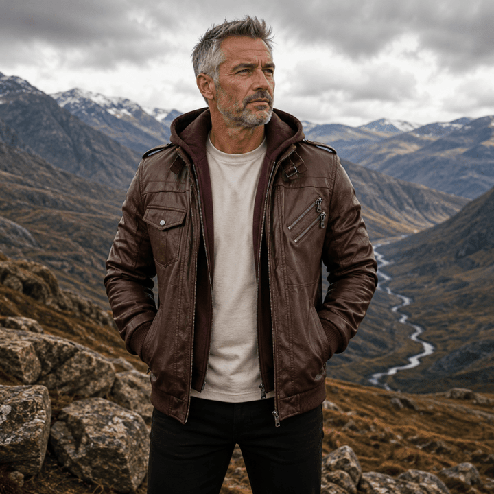 Men’s Hooded Multi-Zip Leather-Look Jacket