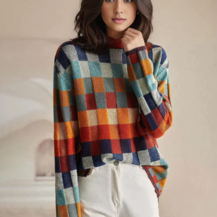 Women’s Oversized Check Roll-Neck Jumper